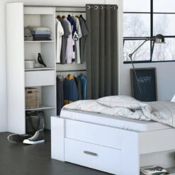 Demeyere Dressing Extensible Blanc Perle Avec Rideau Taupe -ATMOSPHERA Soldes Boutique armoire placard extensible avec rideau blanc perle 2