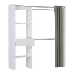Demeyere Dressing Extensible Blanc Perle Avec Rideau Taupe -ATMOSPHERA Soldes Boutique armoire placard extensible avec rideau blanc perle 3
