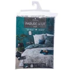 Parure De Lit Jungle Blanc/bleu Canard 240x220 Atmosphera 5 Parure De Lit Jungle Blanc/bleu Canard 240x220 Atmosphera -ATMOSPHERA Soldes Boutique parure de lit jungle blanc bleu canard 240x220 atmosphera 2