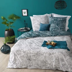 Parure De Lit Jungle Blanc/bleu Canard 240x220 Atmosphera