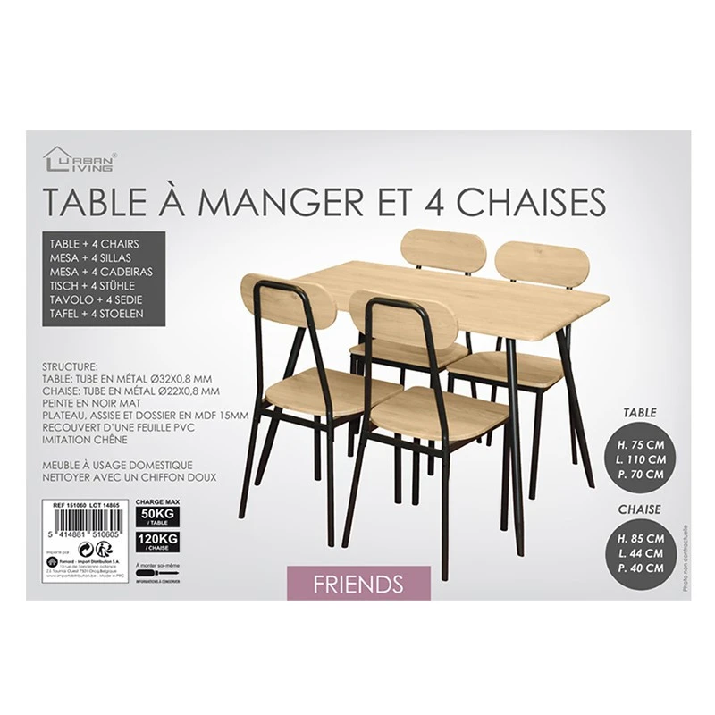Table à Manger Et 4 Chaises Pieds Métal Noir Friends 2 Table à Manger Et 4 Chaises Pieds Métal Noir Friends – Image 2